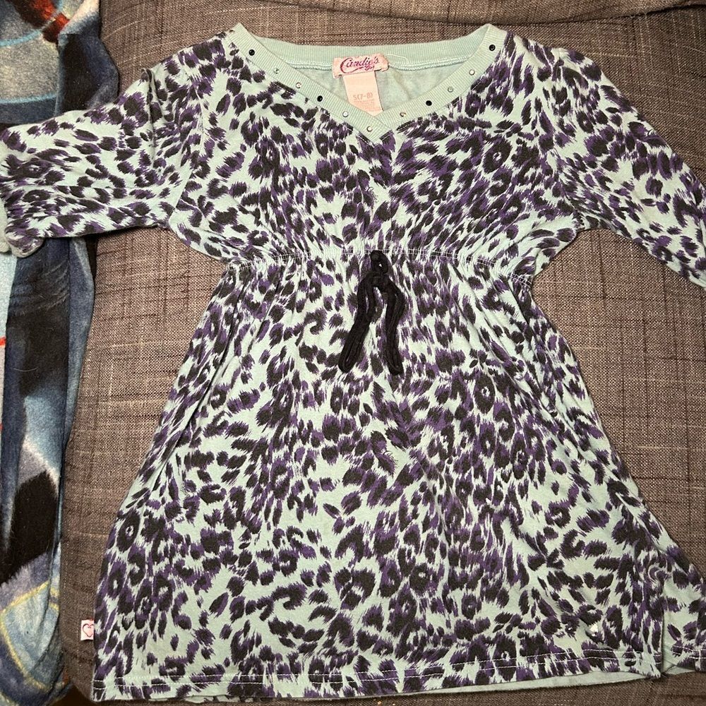 Candie’s Girls Size S (7-8) Teal Purple Leopard Print Empire Waist Tunic Top